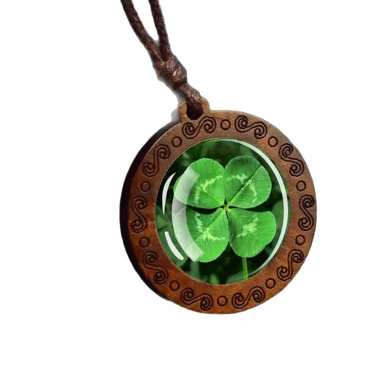 Lucky Four-Leaf Clover Wooden Pendant Necklace – Brown Waxed Cord, Vintage Western Style Necklace, Bohemian Good Luck Jewelry for Women & Men